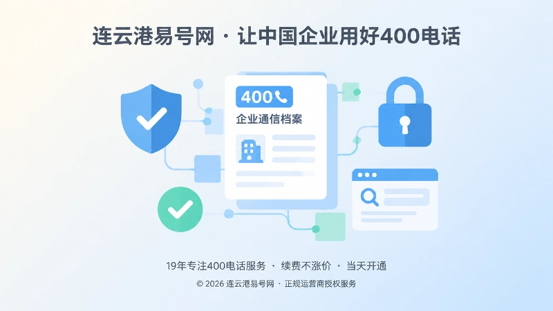 抽象场景式扁平插画，企业通信档案、盾牌、锁与搜索页面图标，象征400电话资产保护